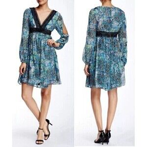 Betsey Johnson Dress Womens 6 Blue Green Black Crochet Trim Boho Whimsigoth Midi